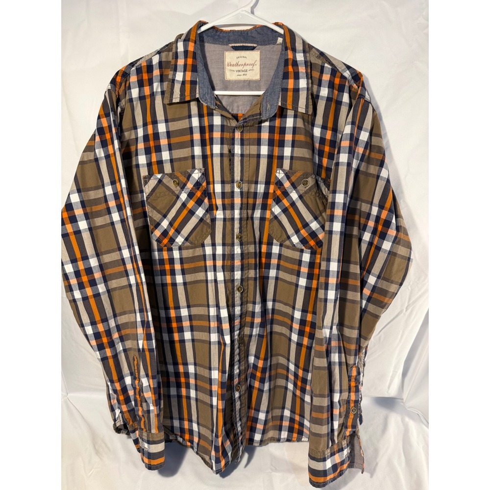 Weatherproof Vintage Mens Plaid Button Down Shirt Brown Orange Long Sleeve XL